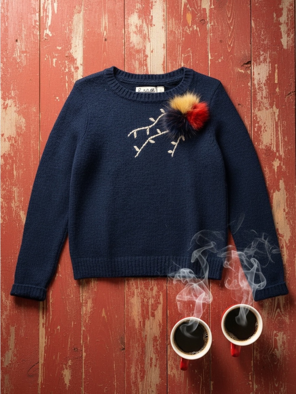 Field Flowers Navy Crewneck Sweater with Pom Accent
